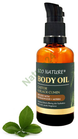 Organiczny olejek do ciała Rycyna & Czarnuszka – Drzewo sandałowe i mirra 50 ml